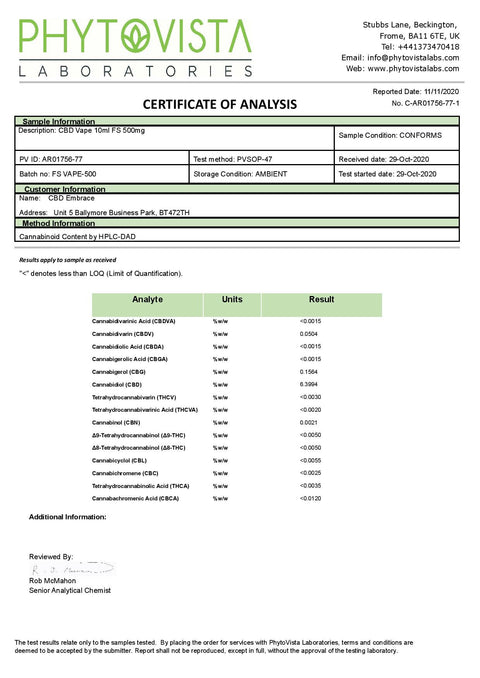 CBD Embrace 500mg Full Spectrum CBD Vape Oil - 10ml
